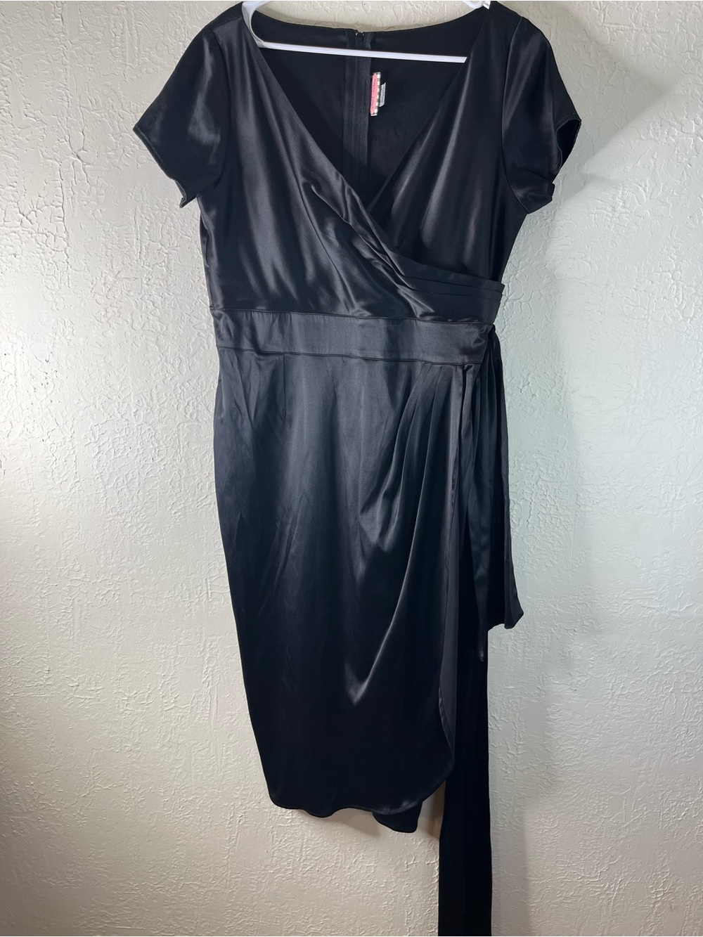 Pin Up Couture Ava Faux Wrap Sash Wiggle Dress in Satin Black - Picture 4 of 15
